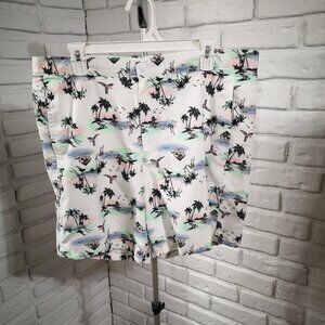 George Men's Size Large White w/ Tropical Print Mesh Lined Swim Shorts